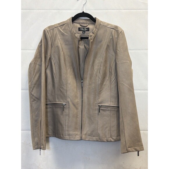 Santa Fe Jackets & Blazers - Mo-Ka SantaFe Taupe Faux Leather Moto Jacket Zip Pockets Sleeves Large